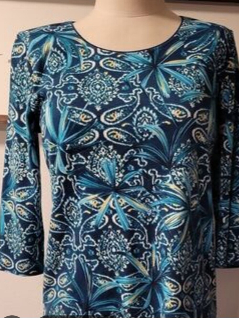 Karen Scott Teal, Navy & Aqua Floral-Print Long Sleeve Top